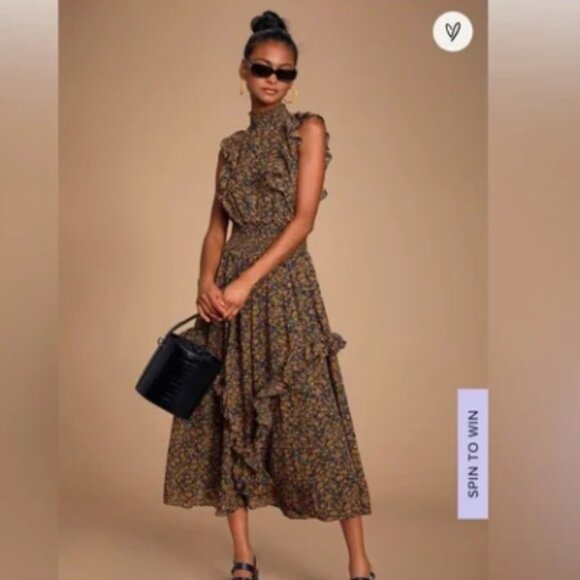 NWT Lulus- Evalina Mustard Yellow Floral Print Mock Neck Midi Dress - Picture 1 of 5